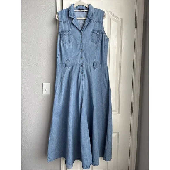 Roper | Dresses | Roper Womens Medium Blue Chambray Western Dress Work  Country Fit Flare Sz Large | Poshmark